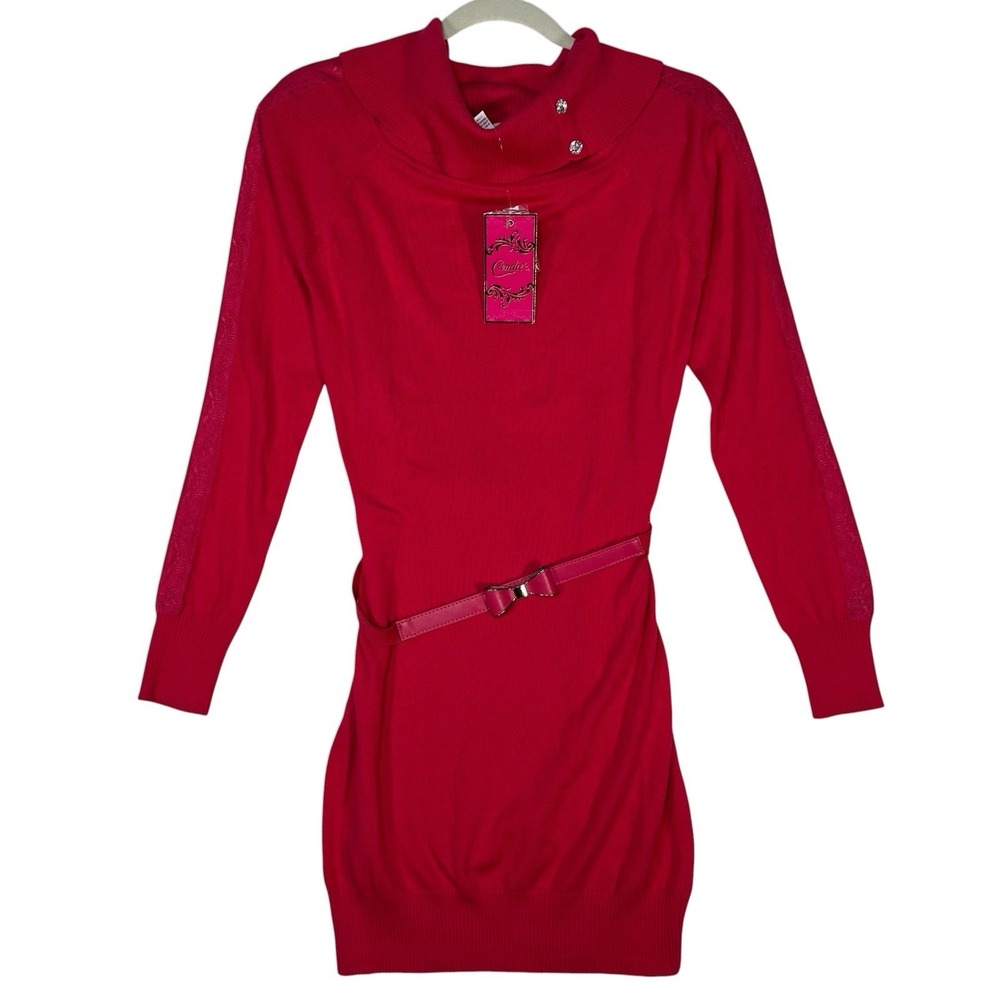 NWT Candies Sweater Dress Large Virtual Pink Lace Sleeve Cowl Neck Bow Belt Y2K‎